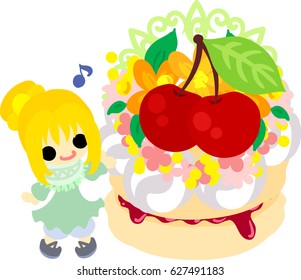 A cute little girl and a cake of cherry