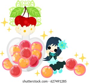 A cute little girl and candies of cherry