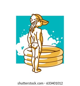 Cute little girl in cap and inflatable pool on sunny day. Cartoon vector illustration.