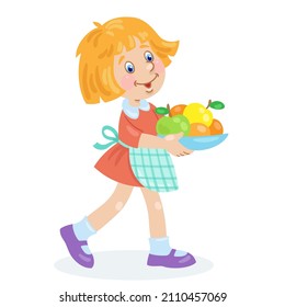 Cute little girl carries a plate of fruit. In cartoon style. Isolated on white background. Vector illustration.