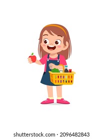 cute little girl carry basket full of groceries