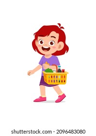 cute little girl carry basket full of groceries