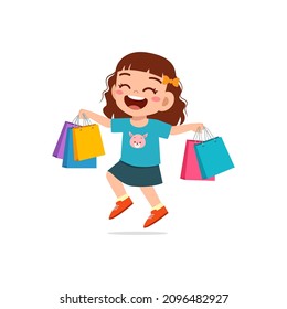 cute little girl carry many shopping bags