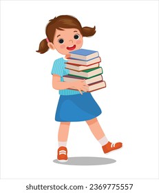 Cute little girl carrying pile of books