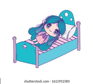 cute little girl cartoon in the bed with pillow vector illustration