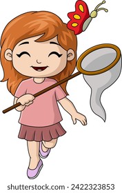 Cute little girl cartoon catching a butterfly