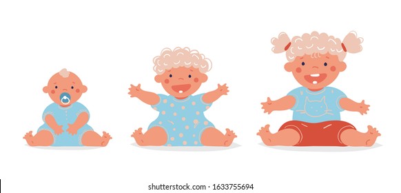 Cute little girl. Cartoon character growth at several ages, newborn, child, baby. The periods of development of the child. Vector illustration isolated on white