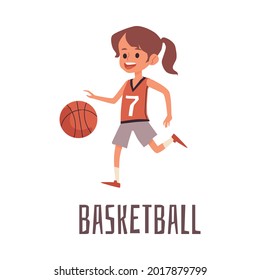 Cute little girl cartoon character in activewear playing basketball, flat vector illustration isolated on white background. Kids sport activity and games concept.