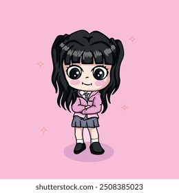 Cute little girl cartoon character. Vector illustration on pink background.