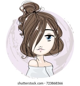 Cute little girl cartoon character portrait, young fashion woman vector illustration art
