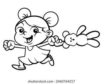 Cute Little Girl cartoon characters playing and running with her Teddy Bear. Best for outline, logo, and coloring book with parenting themes