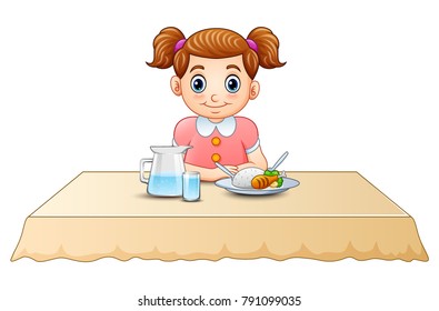 Cute little girl cartoon eating on dining table