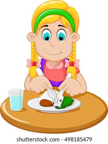 cute little girl cartoon has breakfast