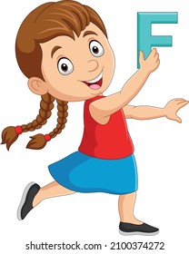 Cute little girl cartoon holding alphabet letter F