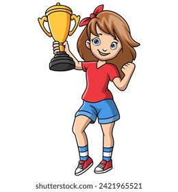 Cute little girl cartoon holding gold trophy