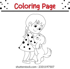 Cute little girl cartoon hugging dog. Vector illustration coloring page