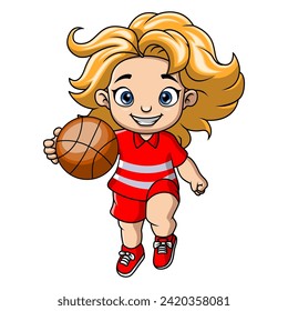 Cute little girl cartoon playing basketball