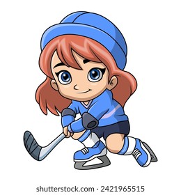 Caricatura de una niña linda jugando al hockey sobre hielo