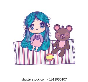 cute little girl cartoon with teddy and ball in carpet vector illustration