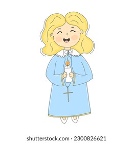 Cute little Girl in a Cassock Dress holding a Candle and singing a Prayer Vector Illustration