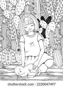 Cute little girl and cat. Cactus background. Prickly pear. Anxiety Relief Coloring Book for Adults  and children. Black and White vector. For book 8.5 x 11 inches