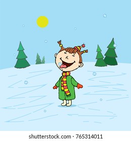 Cute little girl catching a snowflakes with her tongue