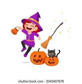 cute little girl celebrate halloween wear witch costume