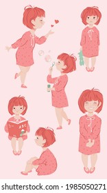 A cute little girl character in cartoon style. Set of pink hair kid wear pink dress with six poses. Vector illustration.