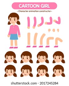 Cute little girl character construction set for rigging and animation. Simple modern flat cartoon style vector illustration.