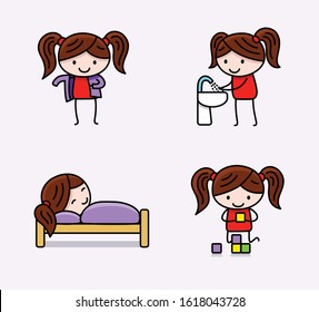 Cute little girl character doing daily routine