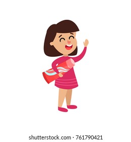 Cute little girl character holding toothpaste, cartoon vector Illustration