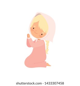 Cute Little Girl Character Kneeling in Prayer Cartoon Vector Illustration