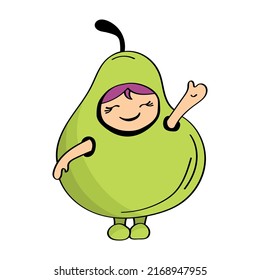 Cute little girl character in pear fruit costume. Smiling and friendly summer avatar. Vector illustration.