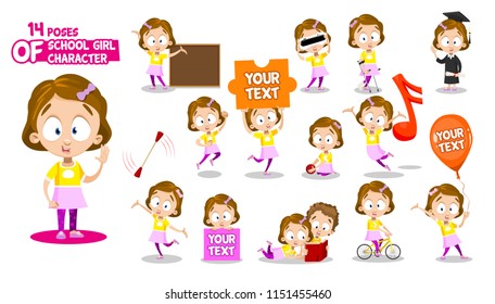 Cute little girl character. Ready-to-use character set. Various poses and emotions: running, waving, presenting, studying, jumping. Full length, front, rear view isolated white background