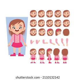 Cute little girl character set vector illustration. Different types of faces, emotions, laugh, sad angry front, rear, side views of female person.