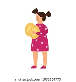 Cute little girl character standing with musical instrument in hands, flat vector illustration isolated on white background. Personage of little musician child.