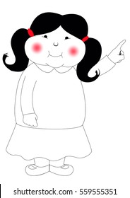 cute little girl character vector standing with pointing with index finger to right side vertical