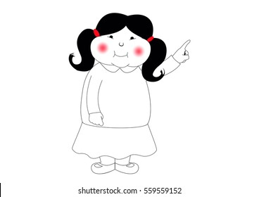 cute little girl character vector standing pointing with index finger to right side horizontal