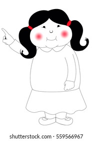 cute little girl character vector standing pointing with index finger to left side vertical