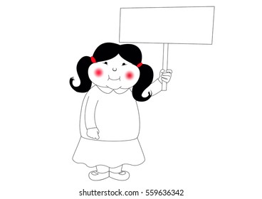 cute little girl character vector standing holding a rectangular signboard at right side horizontal