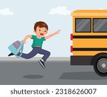 Cute little girl chasing after the school bus running late to school