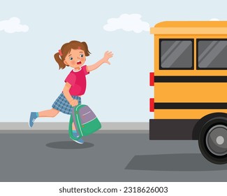 Pequeña y educada persiguiendo al autobús escolar llegando tarde a la escuela