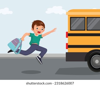 Cute little girl chasing after the school bus running late to school