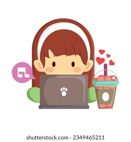 Una niña linda está revisando o respondiendo a los mensajes sobre el café