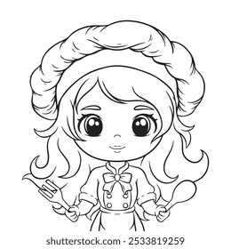 Cute little girl in chef costume. Vector illustration for coloring book.