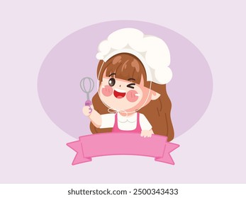 Cute little girl chef standing on pink ribbon Design for sticker label logo design. illustration vector premium.