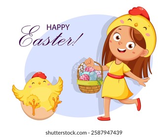 Cute little girl in a chicken costume with an Easter basket. Happy Easter greeting card.