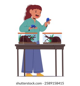 Cute little girl child cartoon character caring for insects holding pair of spiders in hands ready to put pets into prepared glass aquarium home with eco-friendly environment vector illustration