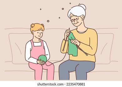 Cute little girl child sit on couch knitting together with elderly grandmother. Smiling grandparent and small grandchild enjoy yarning at home. Hobby. Vector illustration. 