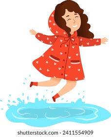 Cute little girl children jump rainwater puddle, cheerful woman kid standing in water cartoon vector illustration, isolated on white. Cheerful smiling child funny spend time, rainy weather.